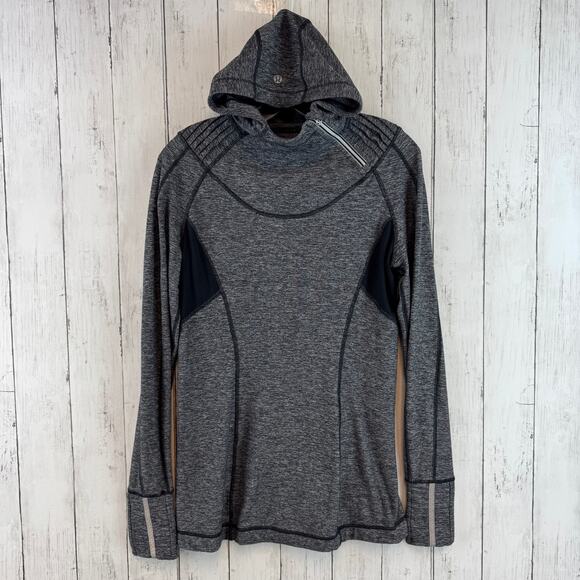 Lululemon Heathered Black Run Back On Track Pullover Hoodie Slim Fit Size 10 - Picture 2 of 15